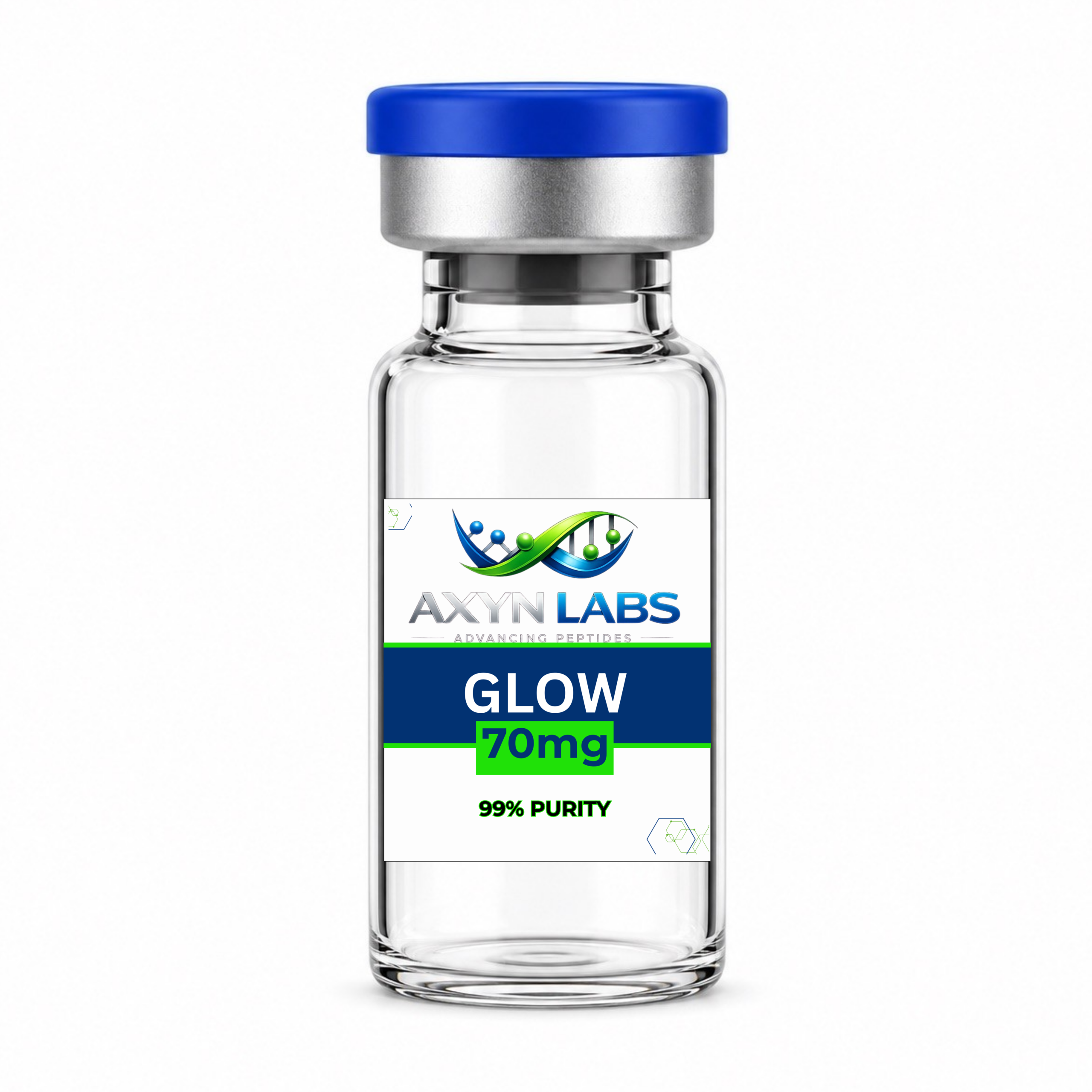 Vial de Glow 70mg de Axyn Labs para investigación peptídica