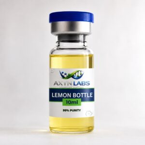 LEMON BOTTLE 10ml by Axyn Labs in a clear glass vial with pale yellow solution, blue flip-off cap, silver seal, and white laboratory label displaying the Axyn Labs logo, 99% purity, isolated on a clean white background.